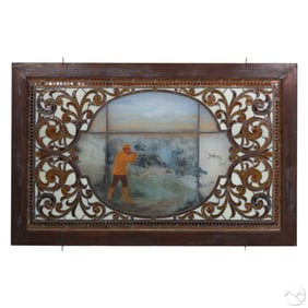 Antique Hunting Scene Large Stained Glass Window