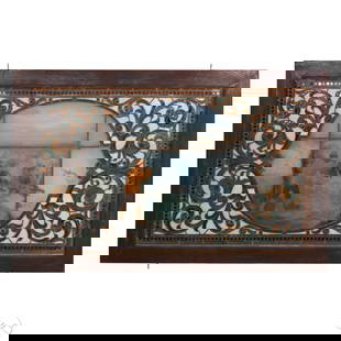Antique Hunting Scene Large Stained Glass Window: Antique architectural salvaged painted and leaded stained glass window panel in a dark-stained wood frame, featuring a hand-painted figural hunter scene with a dog. Surrounded by opalescent foliate sc