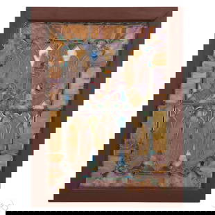 Antique Ribbon & Torch Motif Stained Glass Window: Antique architectural salvaged leaded and stained glass window panel in a dark wood frame, featuring a central neoclassical torch motif in amber, ruby, and celadon tones. Surrounded by elliptical meda