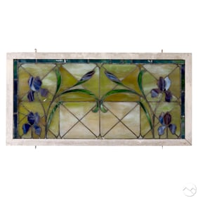 Antique Blue Iris White Frame Stained Glass Window