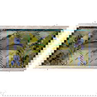 Antique Blue Iris White Frame Stained Glass Window: Antique architectural salvaged leaded and stained glass rectangular window panel in a white painted wood frame, featuring five blue iris flowers with green foliate swag on an opalescent background. Su