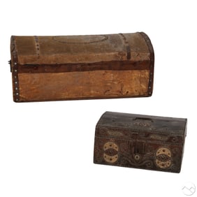 Antique Hide & Hammered Storage Box Chest 2pc LOT