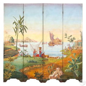 91French Tempera on Canvas Four Panel Room Divider