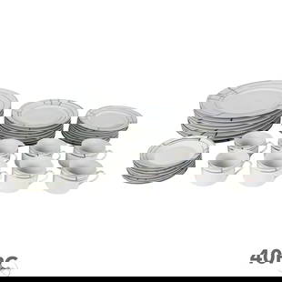 Puiforcat Hand Painted Art Deco Porcelain 40pc SET: This 40-piece set of Puiforcat French porcelain includes a 5-piece place setting for eight (8) in the "Art Deco" pattern designed by Martha Rahm. Each piece is hand painted on white porcelain with lin