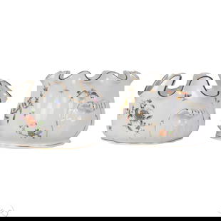 Ginori Italian Porcelain Cache Pot Planter 2pc LOT: Two Richard Ginori Italian porcelain jardinieres or ice buckets. Includes one in the "Oriente Floral" pattern with white body, gilt trimmed scalloped rim, side handles, and fruit and floral designs, m