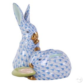 Herend Porcelain Blue Fishnet Bunny Rabbit Figure