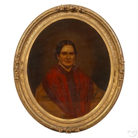 Antique Lady in Red Sitter Oval Portrait Painting