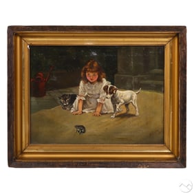 Victorian Girl with Puppy, Kitten & Frog Painting