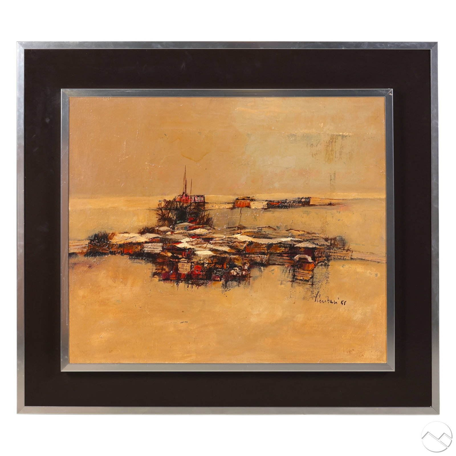 Nicola Simbari 1927-2012 Gypsy Encampment Painting: Nicola Simbari (Italian, 1927-2012), Gypsy Encampment, oil on canvas, 1958, depicting a landscape with a low-lying band of tents and market structures beneath a still horizon. Signed Simbari 58 lower