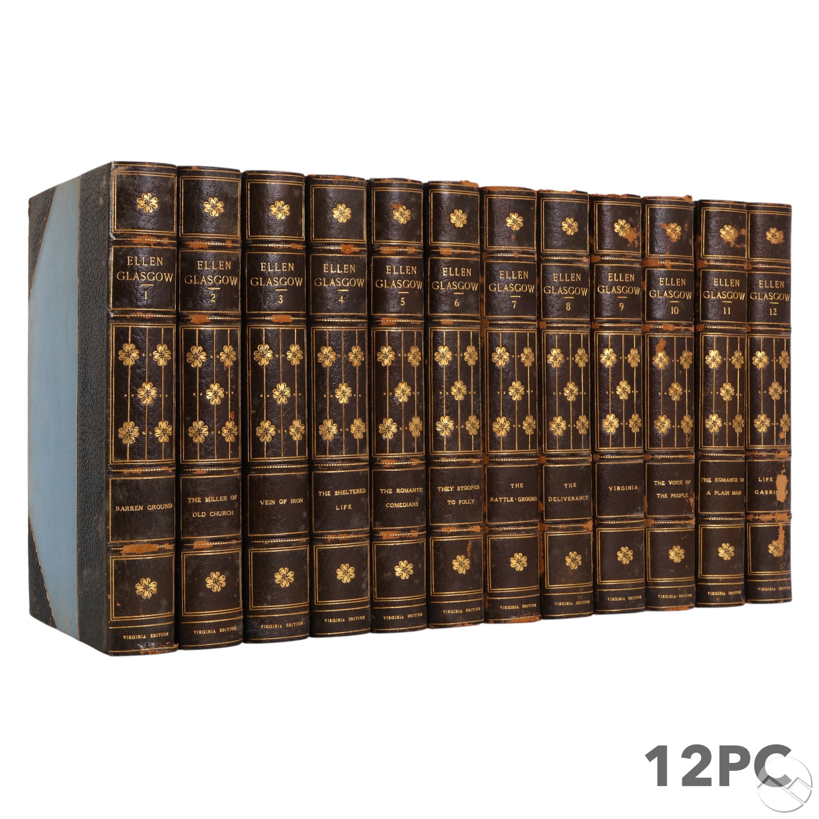 Ellen Glasgow 1938 Literary Works Volume 1-12 SET: Ellen Glasgow 12 book - volume Virginia Edition collected works, published in 1938 by Charles Scribners Sons, New York. Bound in blue and navy leather with gilt titles and floral spine motifs, each vo