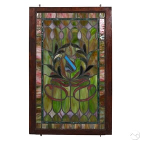 Antique Foliate Ribbon Crest Stained Glass Window