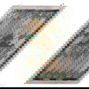 Antique Swag and Stained Glass White Framed Window: Antique architectural salvaged stained glass window panel in a white painted wood frame, featuring a neoclassical-inspired drapery swag motif with blue draped ribbons, a central rosette, and a backgro