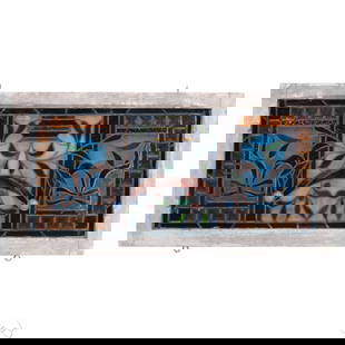 Antique Foliate Ribbon Stained Glass White Window: Antique architectural salvaged leaded and stained glass window panel in a painted white wood frame, featuring a three-part vertical design. Upper and lower sections show ribbon-tied foliage on a cerul