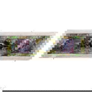 Antique Horizontal Foliate Stained Glass Window: Antique architectural salvaged leaded and stained glass window panel featuring a horizontal design framed in white-painted wood. The central motif presents a classical urn in swirling marbled black an