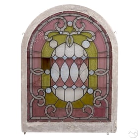 Antique White Arched Framed Stained Glass Window