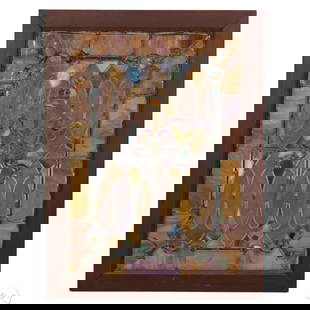 Antique Torch Motif Square Stained Glass Window: Antique architectural salvaged leaded and stained glass window panel in a natural wood frame, featuring a central neoclassical torch motif flanked by oval medallions and stylized foliate scrolls. Craf