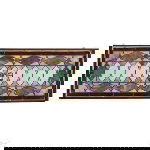 Antique Horizontal Geometric Stained Glass Window: Antique architectural salvaged horizontal stained glass window panel in a dark-stained wood frame, featuring a geometric design of overlapping ovals in mint green and marbled violet glass. A central s