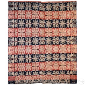 19C Antique 1851 American Woven Jacquard Coverlet