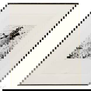 Philippe Mohlitz 1941-2019 French Engraving SIGNED: Philippe Mohlitz (French, 1941-2019), Invasions, engraving on paper depicting macabre figures riding large flying insects over a surreal cliff-filled landscape. The engraved name Mohlitz appears withi