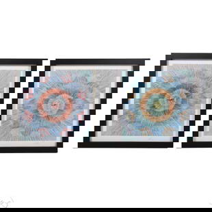 Shepard Fairey b.1970 Blue Mandala Diptych SIGNED: Shepard (Sheppard) Fairey (American, born 1970), Untitled (Diptych), large-scale hand-pulled 7-color screenprint on satin paper, featuring a symmetrical mandala-like floral motif radiating outward in
