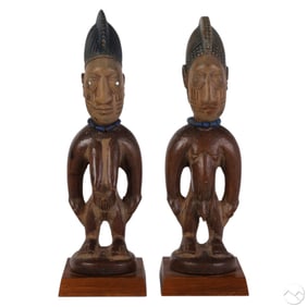 African Pair Tribal Wood Yoruba Nigerian Statues