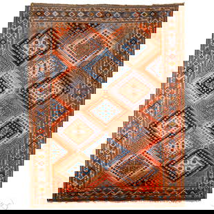 Indo Persian Style Oriental Area Carpet Rug 125x88: Indo-Persian style Oriental area rug with a diamond lattice field in navy, ivory, orange, and blue, each diamond enclosing floral or cross motifs. Framed by multiple geometric guard borders with a pri