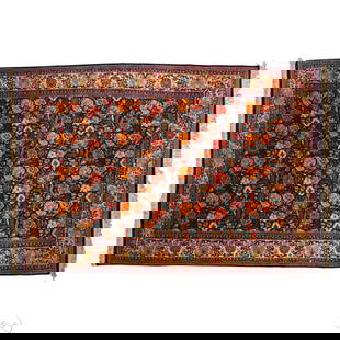 Persian Style Wool Floral Garden Design Rug 92x53: Persian style hand-knotted wool blend area carpet featuring a floral garden motif with multicolor blossoms and stylized foliage on a navy blue field. Framed by layered guard borders and a wide ivory b