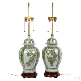 Chinese Pair of Foliate Porcelain Ginger Jar Lamps
