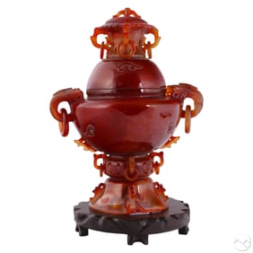 Chinese Natural Carnelian Lidded Tripod Censer Urn