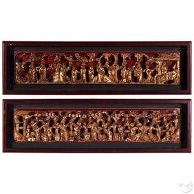 Chinese Pair High Relief Carved Gilt Wood Panels
