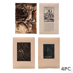 Antique Etchings Print and Watercolor Art 4pc LOT