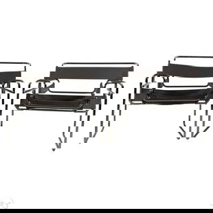 Pair of Marcel Breuer Wassily Style Italian Chairs: Pair of Model B3 Wassily style chairs design by Marcel Breuer, featuring tubular chromed steel frames and gray faux leather slings. Based on Breuer's 1925 Bauhaus design, the chairs feature cantilever