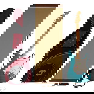 Fender Stratocaster Electric Guitar with Two Cases: Fender Stratocaster electric guitar featuring a teal green body with white pickguard, maple neck, and fretboard. The headstock bears "Fender Stratocaster with Synchronized Tremolo" and "Original Conto