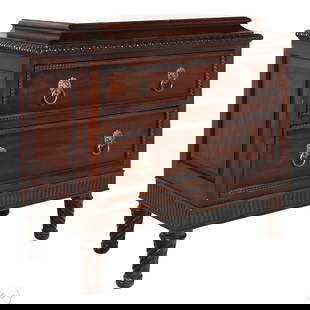 Ralph Lauren for Henredon Wood Two Drawer Dresser: Ralph Lauren for Henredon, a two-drawer chest in traditional English Regency style with a mahogany-toned finish and carved details. Features a molded top above two deep drawers with brass lion head ri