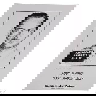 Andy Warhol Most Wanted Men Silkscreen #5 SIGNED: Andy Warhol (American, 1928-1987), Galerie Rudolf Zwirner exhibition poster for "Most Wanted Men" featuring the mugshot of No. 5, Arthur Alvin M., based on Warhol's 1963 silkscreen. Shows NYPD mugshot