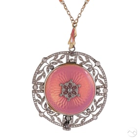 Edwardian Platinum Diamond Enamel Watch Necklace