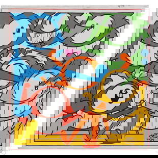 El Pez b1976 Smiling Fish Graffiti Street Painting: El Pez (aka Jose Sabate) (Spanish, born 1976), Durante el Mediodia, vibrant acrylic on canvas dated 2015 and signed on the reverse. Created in Bogota, Colombia, the composition features the artist's s