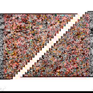 Alek Taymer 20C Action Pollack Style Drip Painting: Aleksander Taymer (American, 20th/21st century), large-scale action abstract drip painting created in 2018 and inscribed on the verso "For Alvar Kit." The composition features dynamic layers of overla