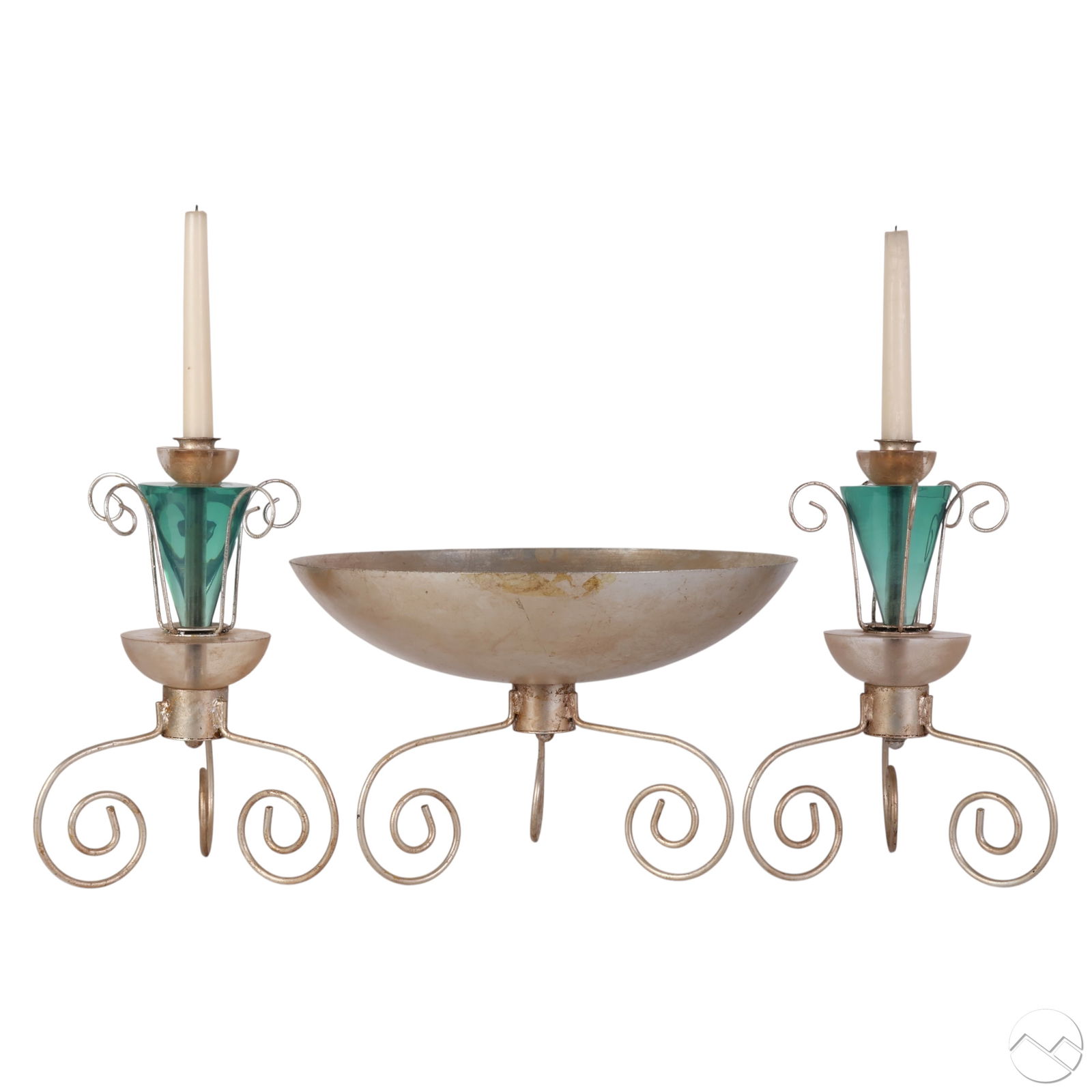 Van Teal Centerpiece Bowl & Candlesticks 3pc SET: Van Teal Memphis style three-piece centerpiece set featuring a large shallow silvered metal bowl on curled scroll legs and a pair of matching candlesticks. The candlesticks have teal lucite inverted c