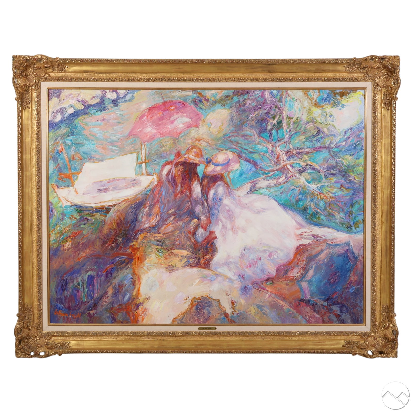 Beltran Bofill 1934-2009 Woman in Boat Painting: Beltran Bofill (Spanish, 1934-2009), oil on canvas depicting a young woman in a flowing white dress seated near a small boat under a pink parasol, surrounded by swirling blue and lavender foliage and 