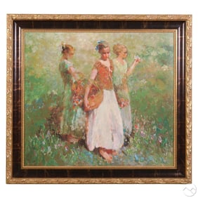 Hua Chen b.1952 Three Girls & Basket Giclee SIGNED