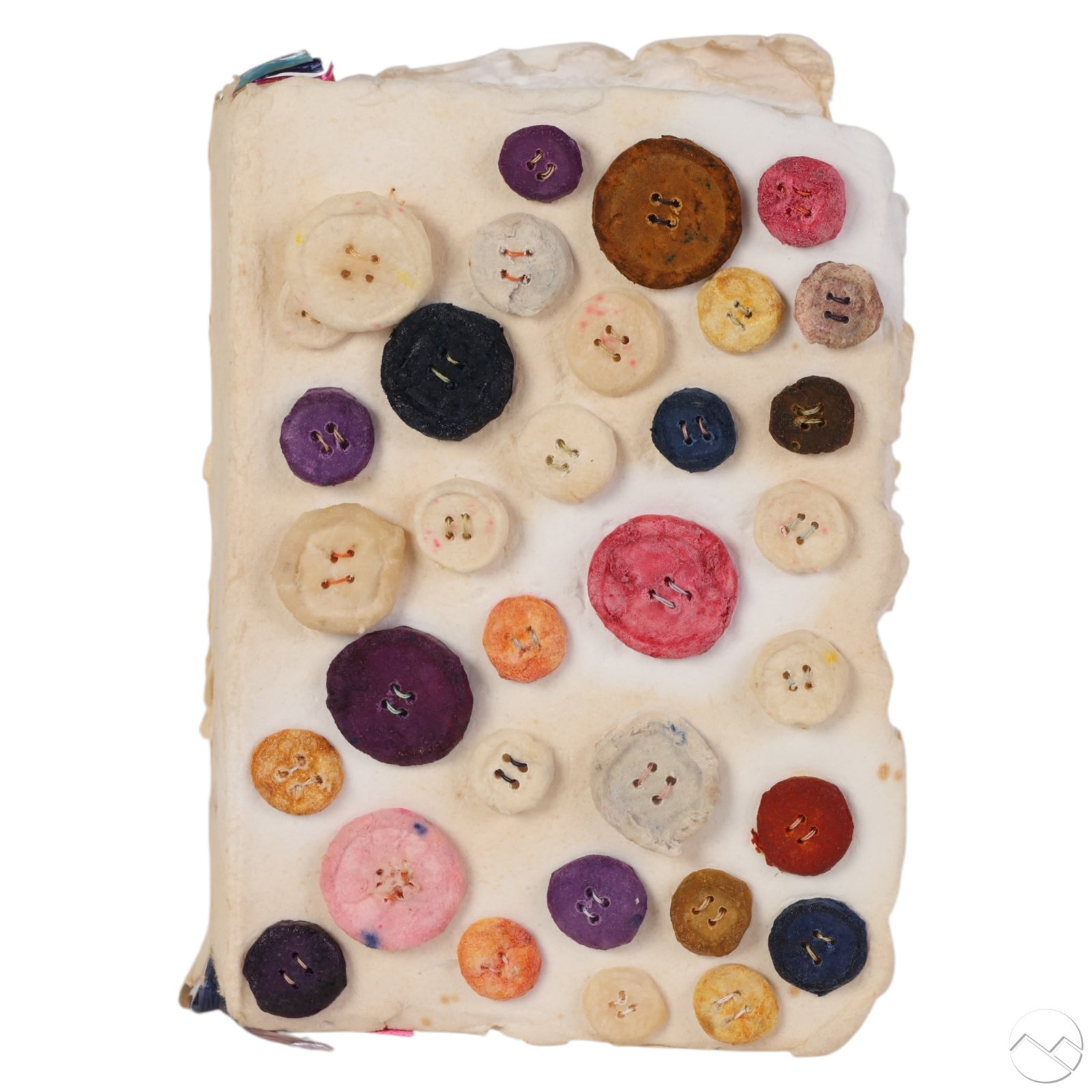 Claire Jeanine Satin b.1935 Button Book Sculpture: Claire Jeanine Satin (American, born 1935), Button Book I, artist's book and mixed media outsider art textile sculpture. The work features hand-crafted paper covers embellished with handmade sculpted