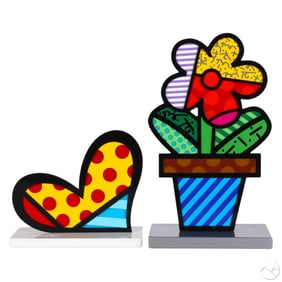Romero Britto b.1963 Heart & Flower Sculpture LOT