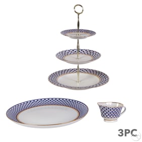 Lomonosov Cobalt Net Russian Serving Pieces 3pc