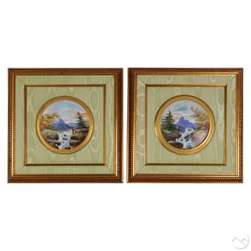 Pair of Porcelain Painted Alpine Landscape Plaques