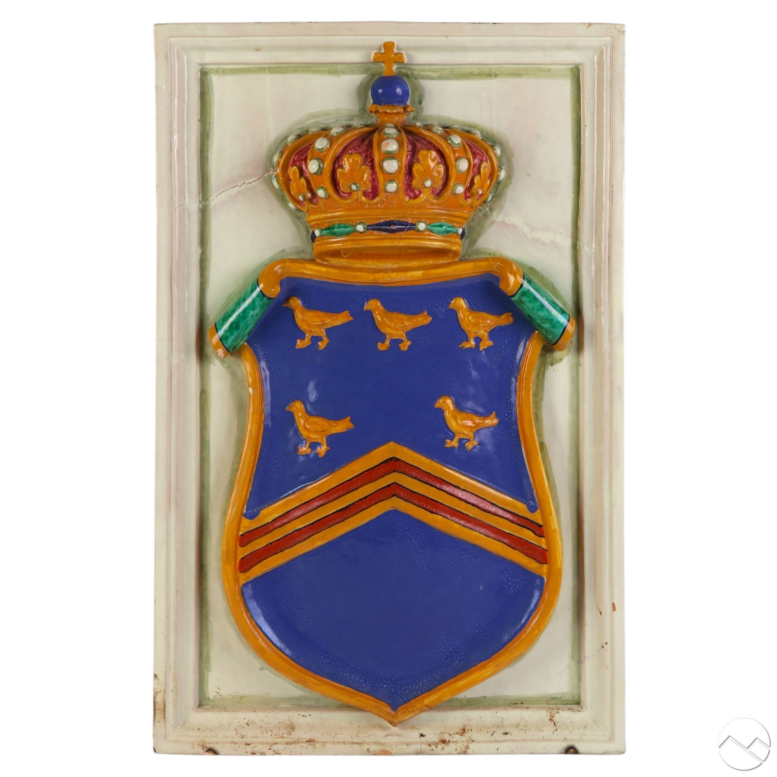 Cantagalli Italian Pottery Crowned Crest Plaque LG: Large Italian antique Cantagalli architectural terracotta plaque featuring a crowned heraldic shield with a blue field, five crows, and a yellow and red double chevron. Finished in Italian majolica gl