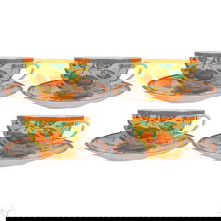 Hermes La Siesta Porcelain Cup & Saucers 8pc SET: Hermes France porcelain morning cups and saucers in the La Siesta pattern featuring colorful motifs of butterflies, hummingbirds, dragonflies, and floral vines on a yellow ground with orange banded ri