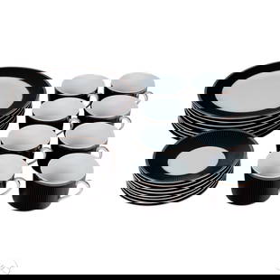 Christofle Porcelain Metropolis Coffee Trio SET: Christofle Metropolis porcelain 24-piece coffee trio service set comprising eight plates, eight cups, and eight matching saucers, featuring a black linear stripe design with silver trim and Greek key