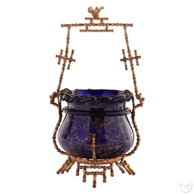 Antique Victorian Blue Glass & Bronze Bride Basket