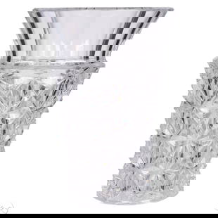 Baccarat French Clear Crystal Celimene Flower Vase: Baccarat clear crystal vase in the Celimine pattern featuring a flared rim with vertical panels above a geometric diamond cut banded body. The lower section is deeply cut with a starburst lattice patt